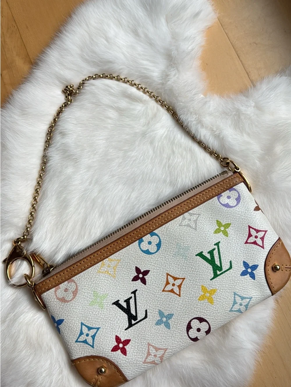 Louis Vuitton White Multicolor Monogram Mini wristlet clutch milla  Gold Chain